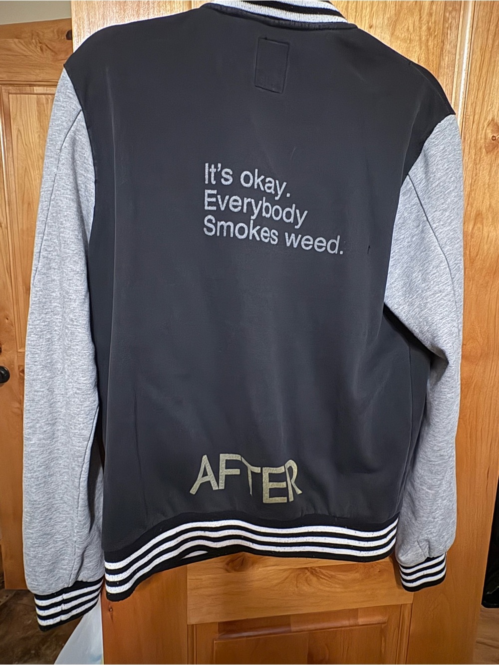 Black and Gray Women's Zip-Up Varsity Jacket with Text Detail